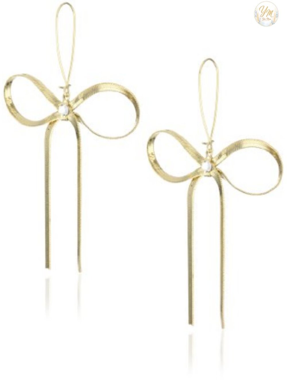 Textured Bow Drop Earrings Gold-tone Metal Glass Shepherds Hook 3.5 Inch